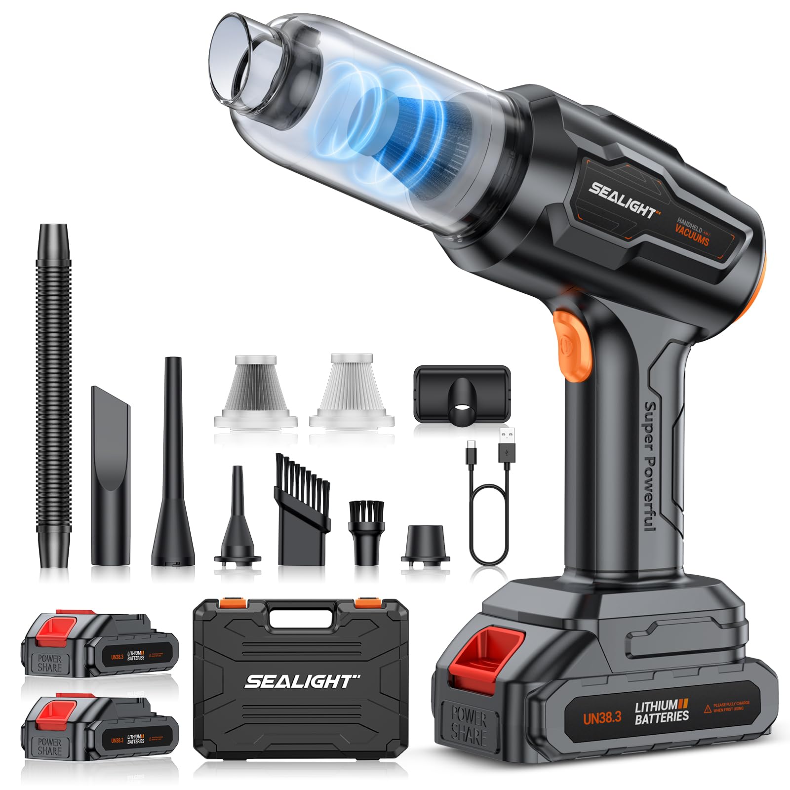 SEALIGHT Aspirador de Mano, Pa Aspiradora sin Cable Coche, 2 Pilas Recargables con Motor sin Escobillas para Pelo de Mascotas, Coche, Hogar