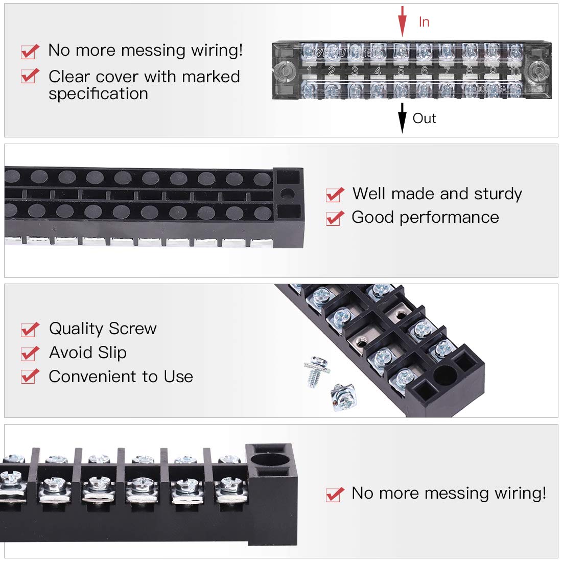 Hilitchi 124 Pcs (8 Sets) Terminal Block in Total, 600V 15A Dual Row Screw Terminals Strip with Cover, Pre-Insulated Terminal Barrier Jumper Strips Black Red and Bonus 100pcs Spade Fork Wire Connector