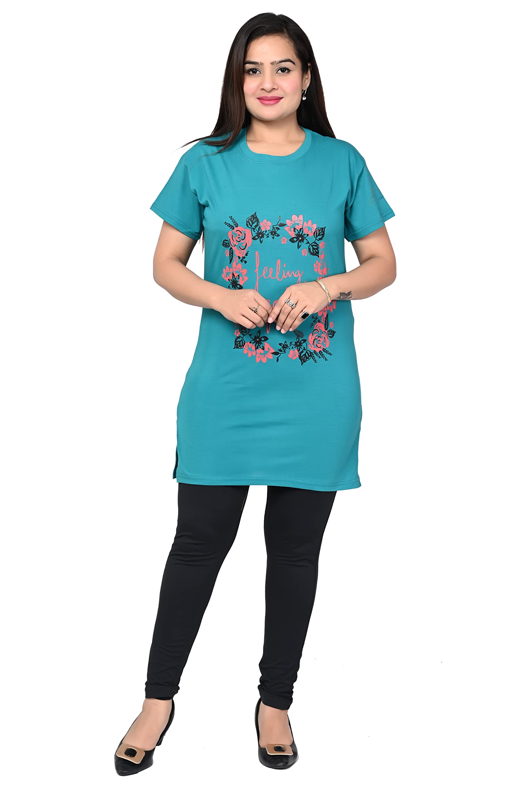 Women's/Ladies/Girls Printed Long Polo T-Shirts | Regular Fit Cotton T-Shirts/Tops/Long Night Wear & Daily Use T-Shirt for Women's & Girls