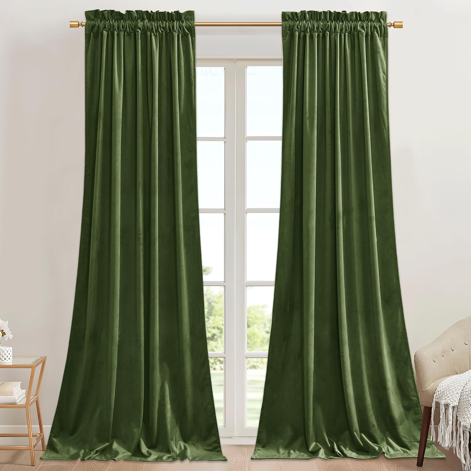 StangH Luxury Velvet Blackout Window Drapes Moss Green Curtains for Holiday Christmas Decoration, Soft Thermal Insulated Drapes for Loft/Dining Room, W42 x L96, 2 Panels 42"W x 96"L (Pack of 2) Green Series - Moss Green