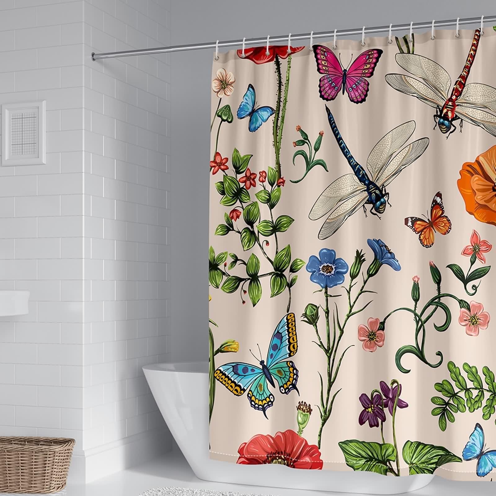 Duschvorhang Textil 240x200 cm Bunt, Blumen Schmetterling Libelle Muster Bad Vorhänge Polyester Waschbar Textil Stoff Bad Vorhang 2,4 x 2m Lang(BxH) inklusive Duschvorhangringen