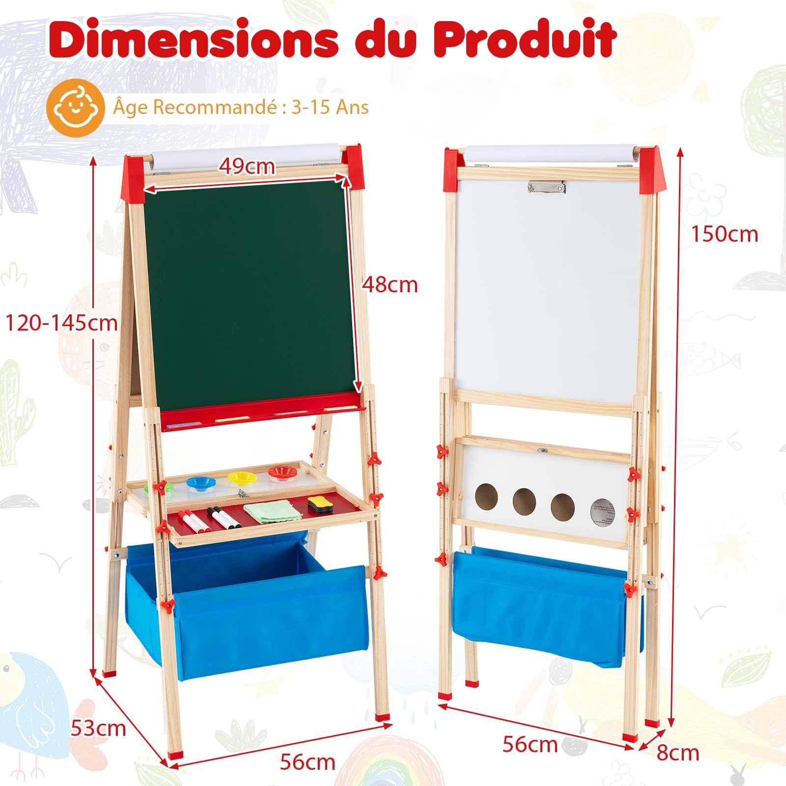 GOPLUS Tableau Enfant Double Face, 3 en 1 Chavalet Enfant avec Tableau Blanc/Noir Magnétiques à Hauteur Réglable avec Rouleau de Papier, Chevalet en Bois pour Garçons et Filles de 3-15 Ans