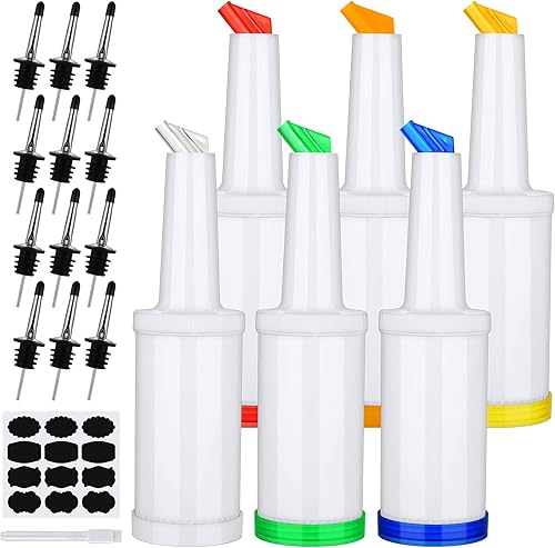 Miniatura 1 de Ruisita Paquete de 6 botellas de jugo de fruta y licor, recipientes de plástico con vertedor de botellas de acero inoxidable, boquilla cónica para