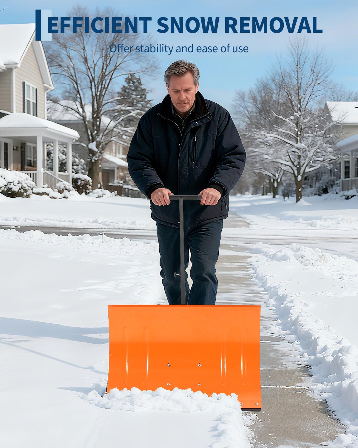 Garvee Pala de Nieve con Ruedas de Acero de un Solo Poste, Quitanieves Manual con Tira de Goma, Empujador de Nieve de Metal Ajustable con Neumáticos de Caucho para Limpieza Exterior, Naranja
