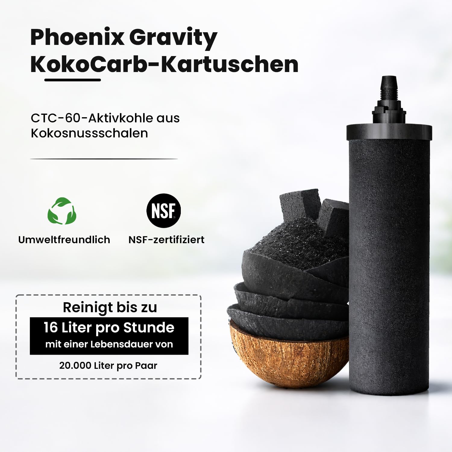 Phoenix Gravity KokoCarb NSF-zertifizierte Kohlefilterkartuschen (2 Stück) – Kokosnussschalen-Aktivkohle-Ersatz für Schwerkraft-Wasserfilter – Kompatibel mit anderen Aufsatzfiltersystemen