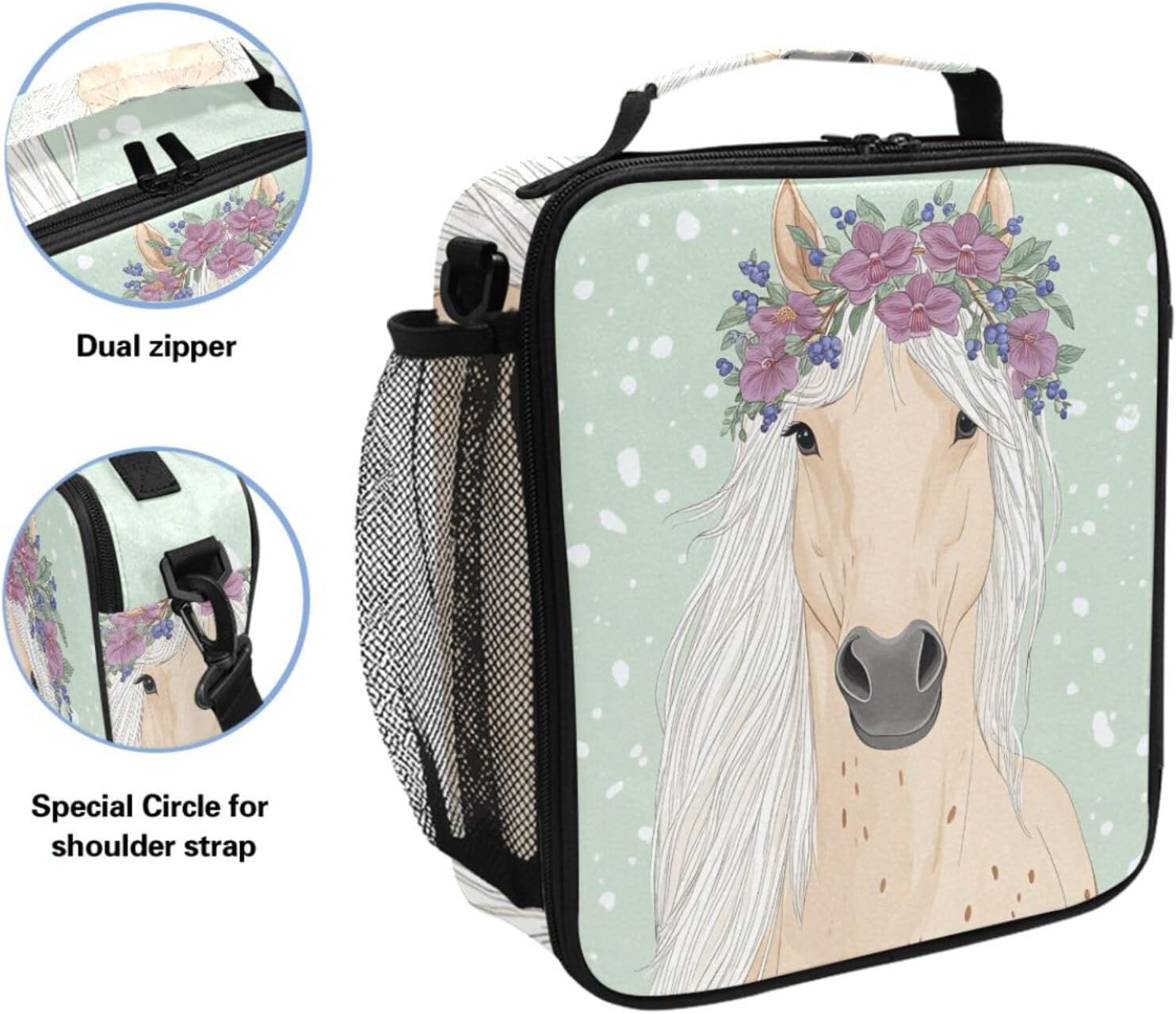 Pfrewn Cute Horse Lunch Box Unicorn Animals Flowers Fairytale Insulated Lunch Bag Reusable Cooler Meal Prep Bags Lunch Tote with Shoulder Strap for Office Adults School Kids Girls Teens