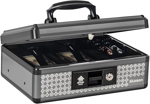 Miniatura 1 de Glosen Caja de efectivo con cerradura, caja de dinero con cerradura de llave y bandeja extraíble para monedas de 8.85 x 5.3 x 11.8 pulgadas (negro,