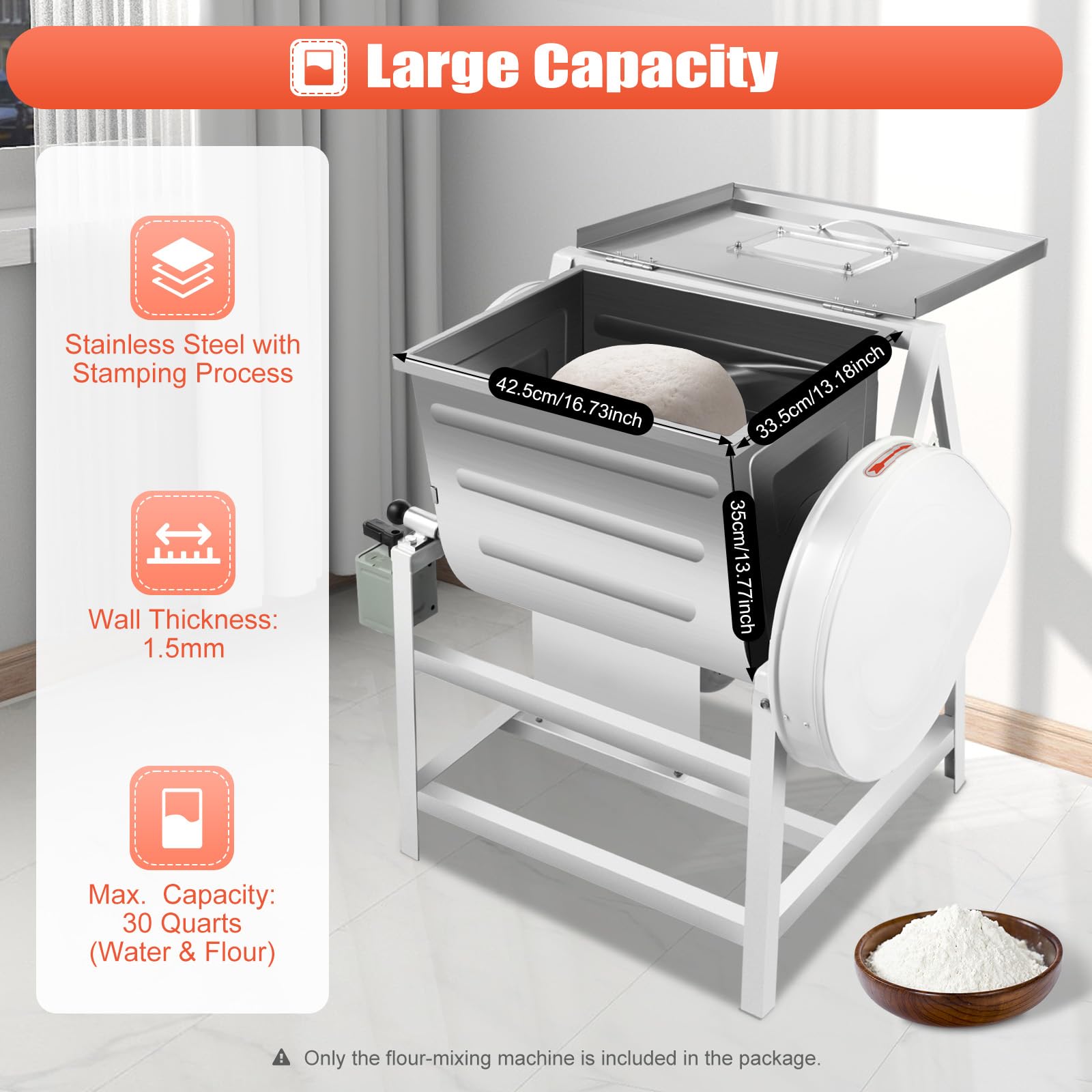 30Qt Commercial Dough Mixer, 1500W Powerful Dough Blender Kneading Machine, Stainless Steel Flour Mixing Machine w/2 Speeds Adjustable & 90 Degree Tilt, Pizza Dough Mixer for Bakery Pizzeria (15KG)