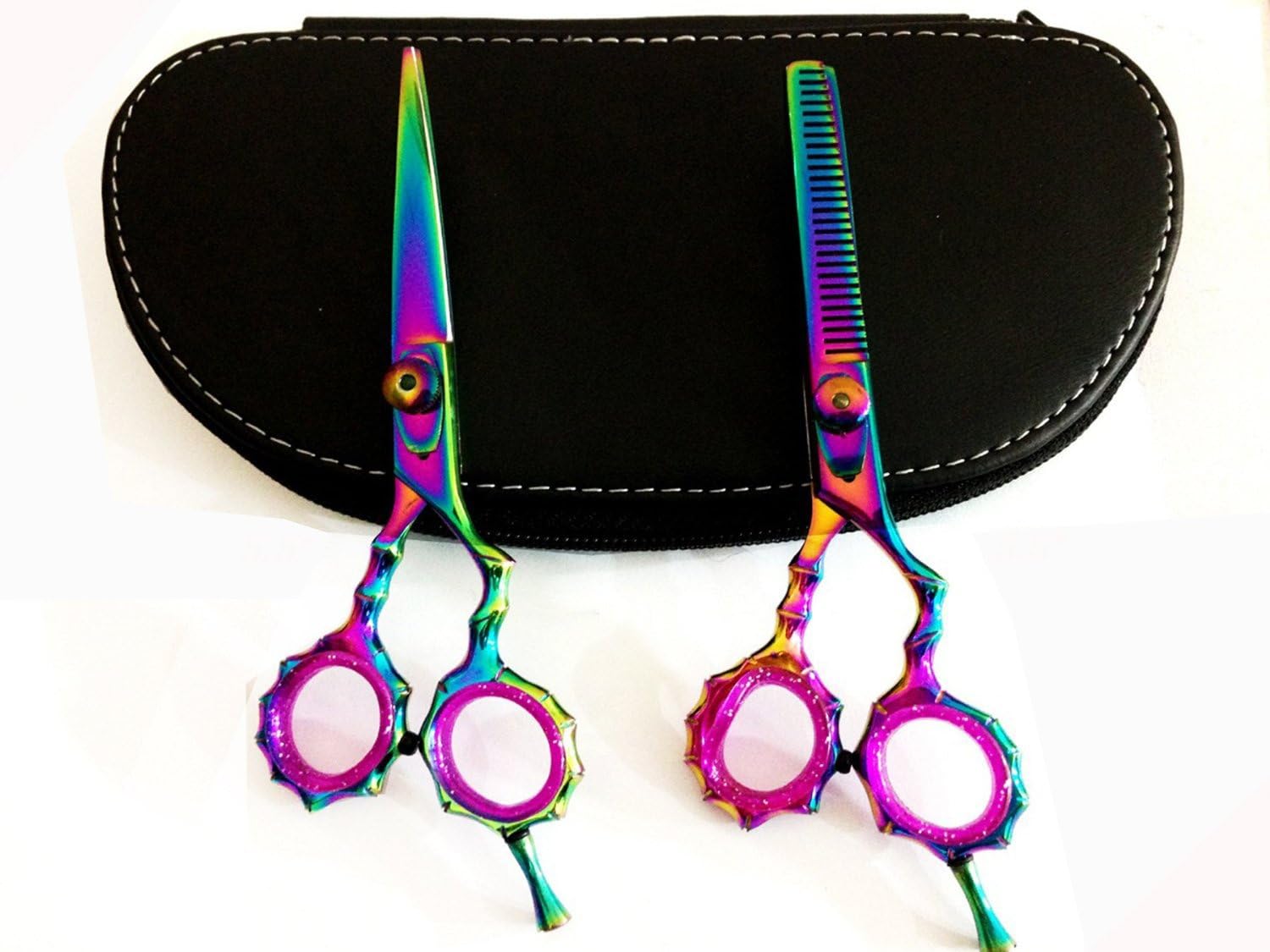 ZZZRT Multicolor J2 Japanese Steel Professional Razor Edge Titanium Coated Hairdressing Scissors and Hair Thinning Scissors/Shear Set 5.5 inch (14cm)+ Free Pouch & Scissor Lubricant
