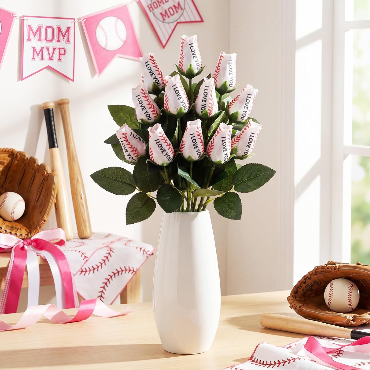 Suhine 12 Pcs Artificial Baseball Rose Flowers for Coach Mom Boyfriend Girlfriend Sports Party Favors Bulk for Birthday Graduation Wedding Party Decorations Table Centerpieces Gift(Love Color, Normal)