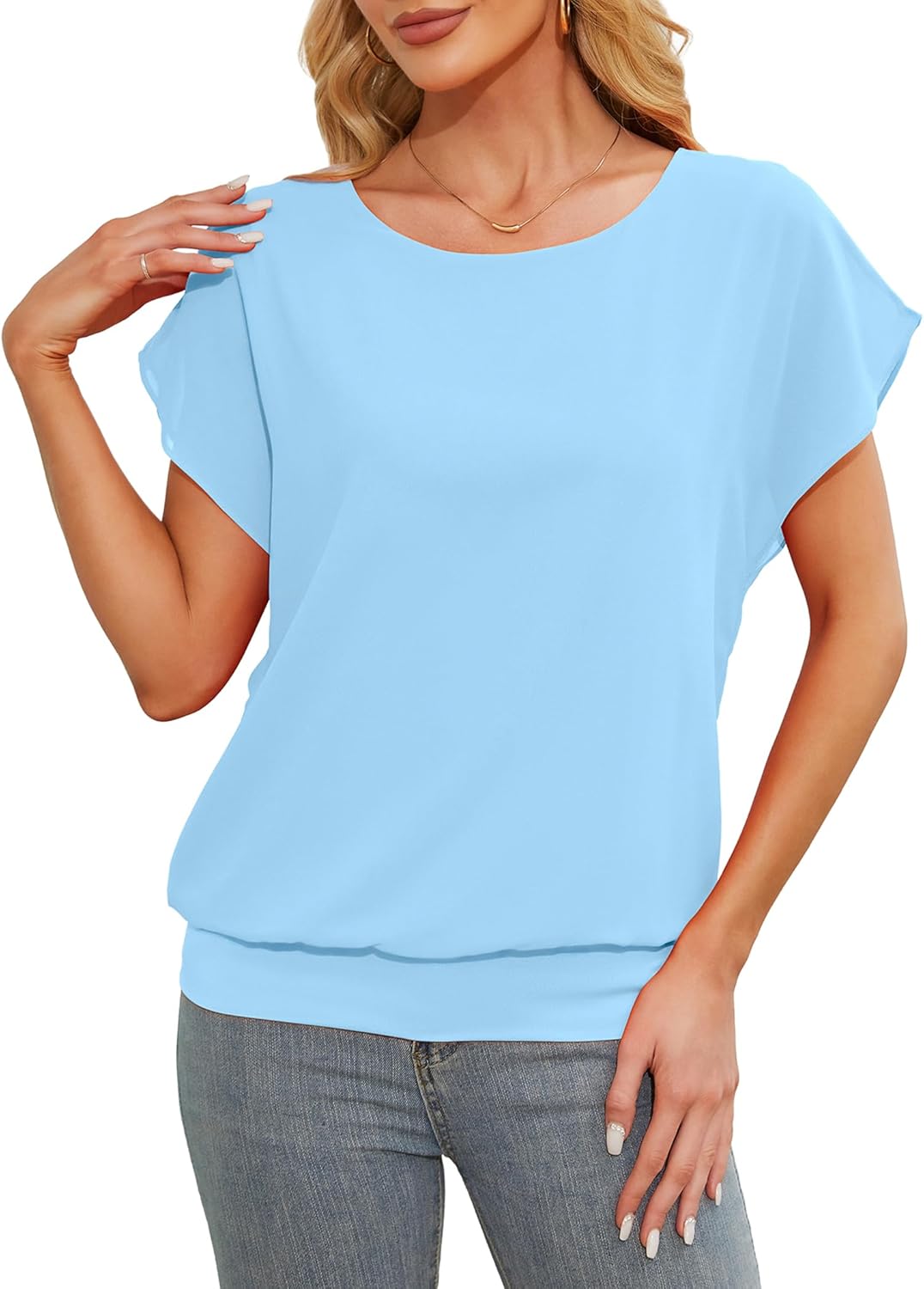 Anelune Womens Tops Summer Chiffon Blouse Ruffle Short Sleeve Tops Loose Casual T-Shirts S-3XL