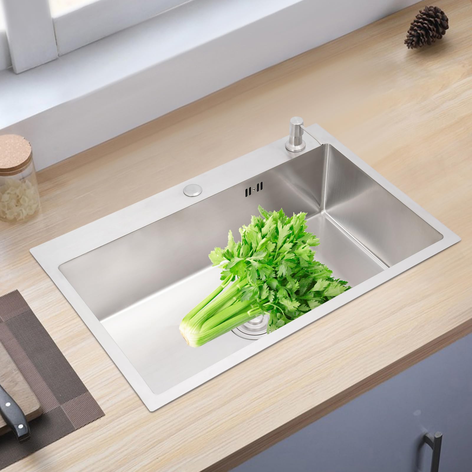 Fregadero de acero inoxidable 68 x 45 cm, fregadero de cocina de alta calidad y fregadero empotrable, con escurridor y escurridor, fregadero de granito empotrable a partir de 45 cm, incluye