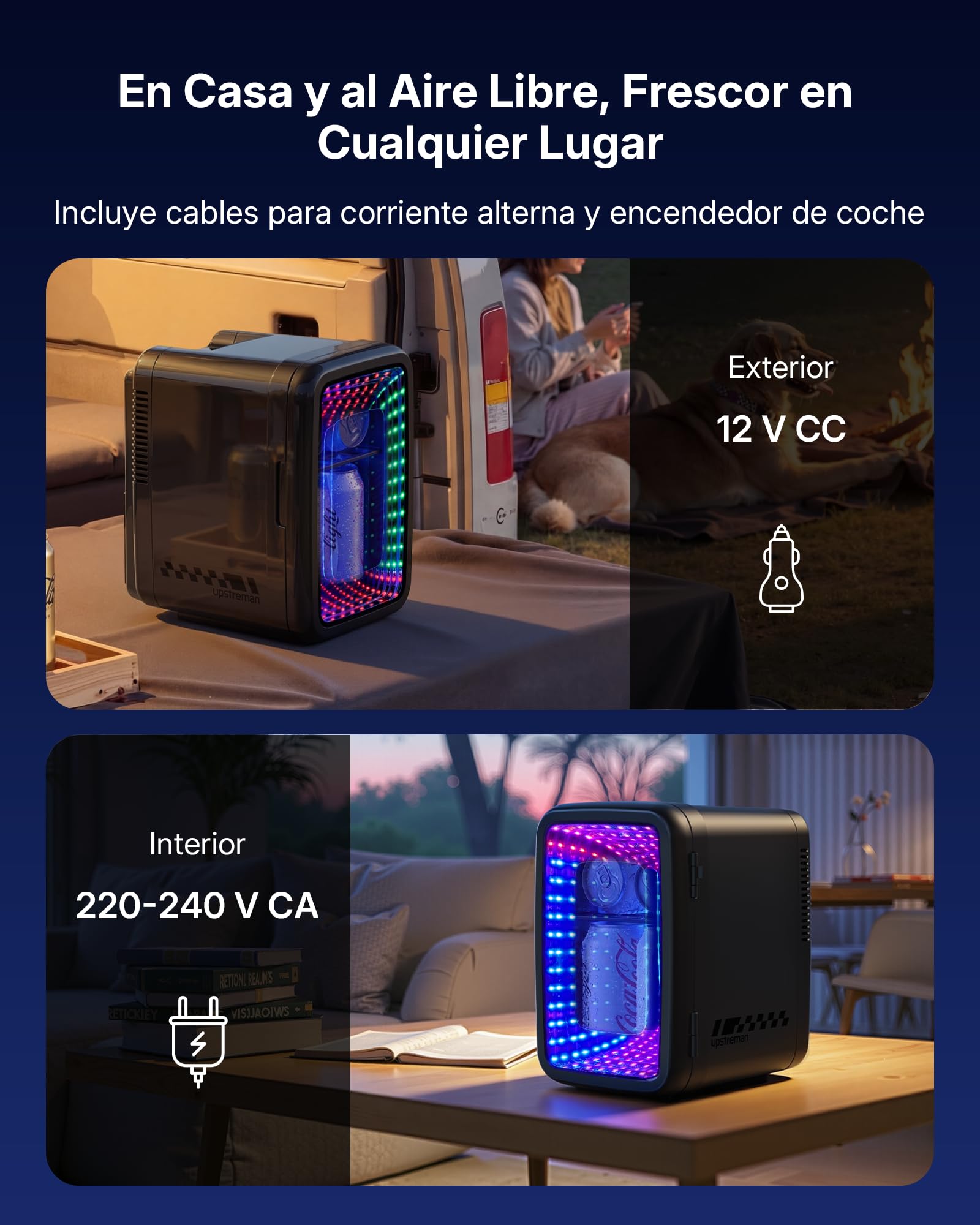 Upstreman Mini Nevera 4L/6 Latas con LED, TR4-S | Efecto Túnel LED Infinito, 12V/220V, Portatil, Para Habitacion, Gaming, Dormitorios Compartidos, Oficina, Coche