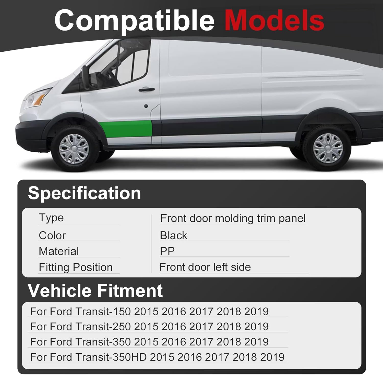 Front Left Driver Side Cargo Sliding Door Body Molding Door Panel Plastic Trim Fits for Ford Transit-150 Transit-250 Transit-350 Transit-350 HD Cargo Van 2015 2016 2017 2018 2019 BK3Z6120939AA