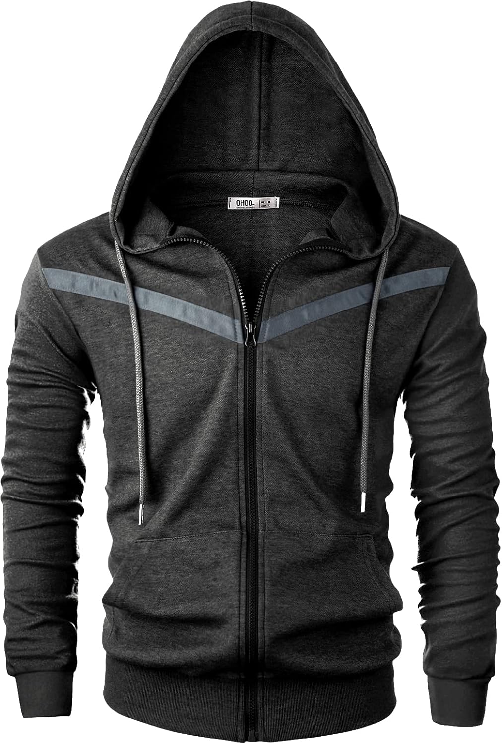 Ohoo Mens Slim Fit Long Sleeve Lightweight V-Shape Zip-up Hoodie with Kanga Pocket