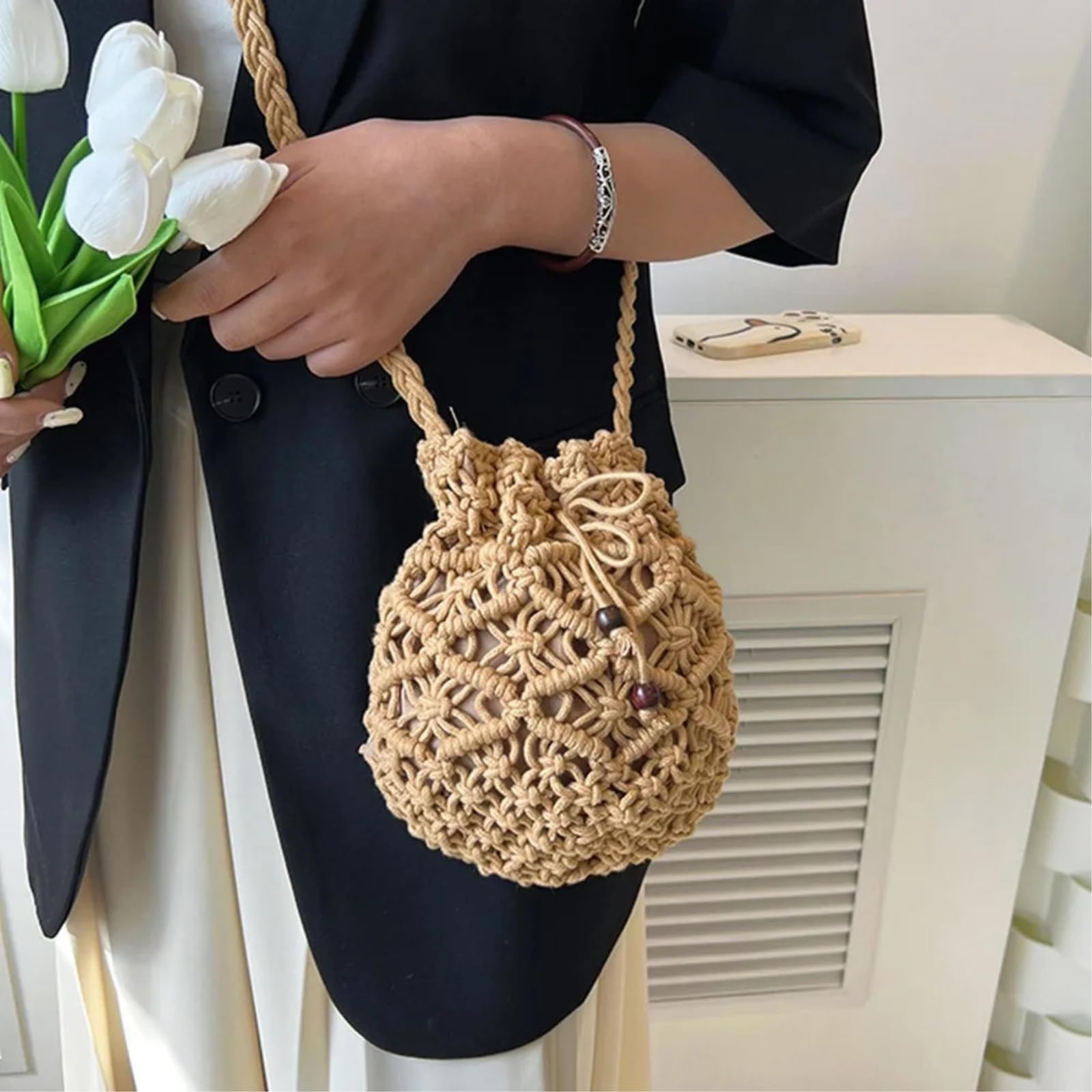 Bolso de Hombro Cubo Cordón Ganchillo Hueco Hecho A Mano, Correa Ajustable para El Verano