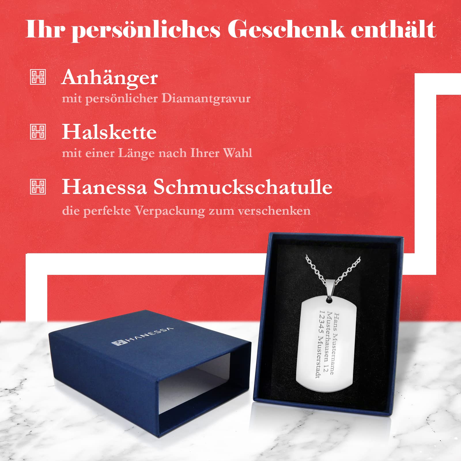 Personalisierte Kette mit Gravur Edelstahl 50 cm mit Anhänger Dog Tag einseitig oder beidseitig in silber - Personalisierte Halskette für Männer Frauen - Personalisierter Schmuck Damen Herren