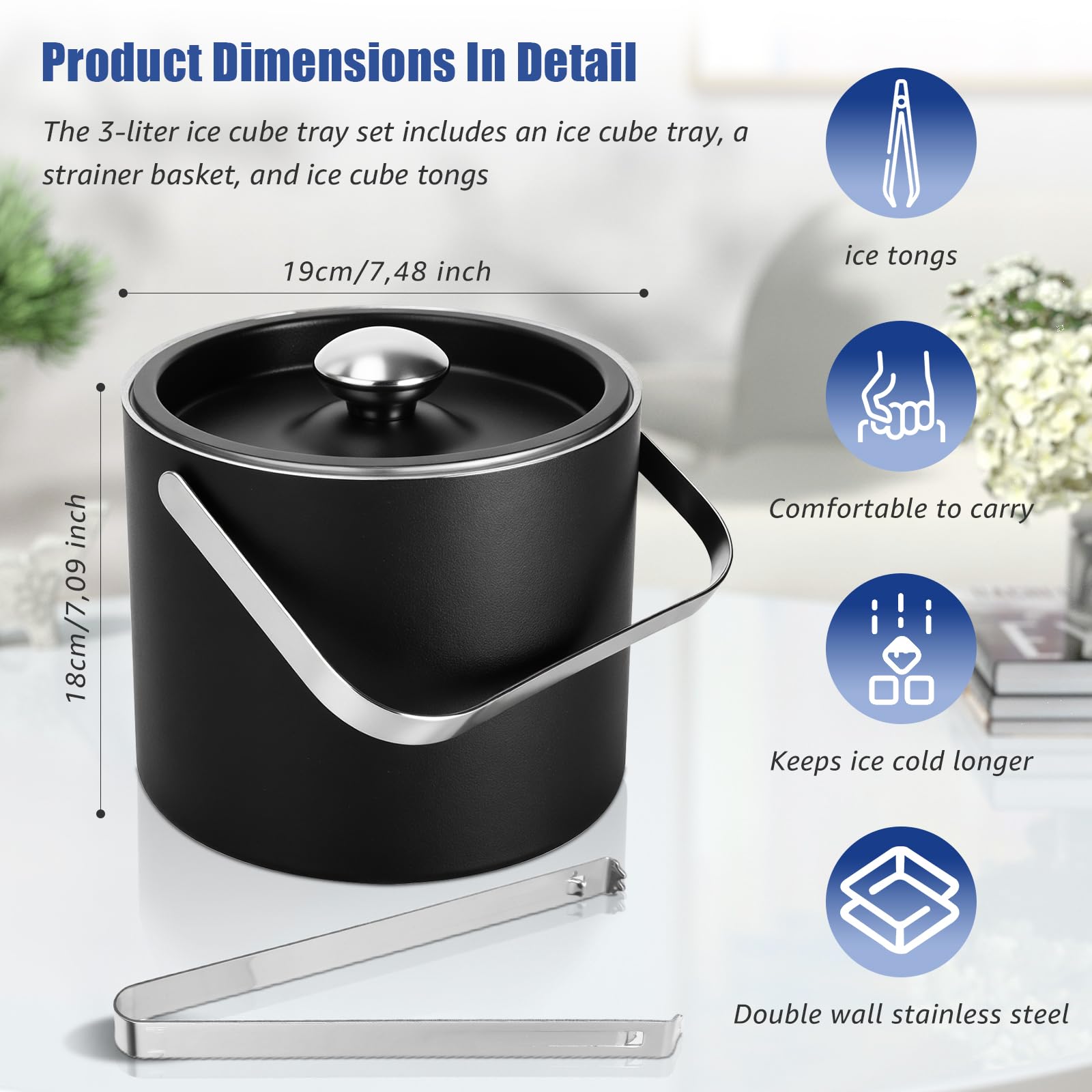 3L Seau à glace isolé exclusif de, en acier inoxydable, à double paroi, avec couvercle en silicone, pince, passoire, bac à glaçons en acier inoxydable, seau à glace isolé pour les fêtes