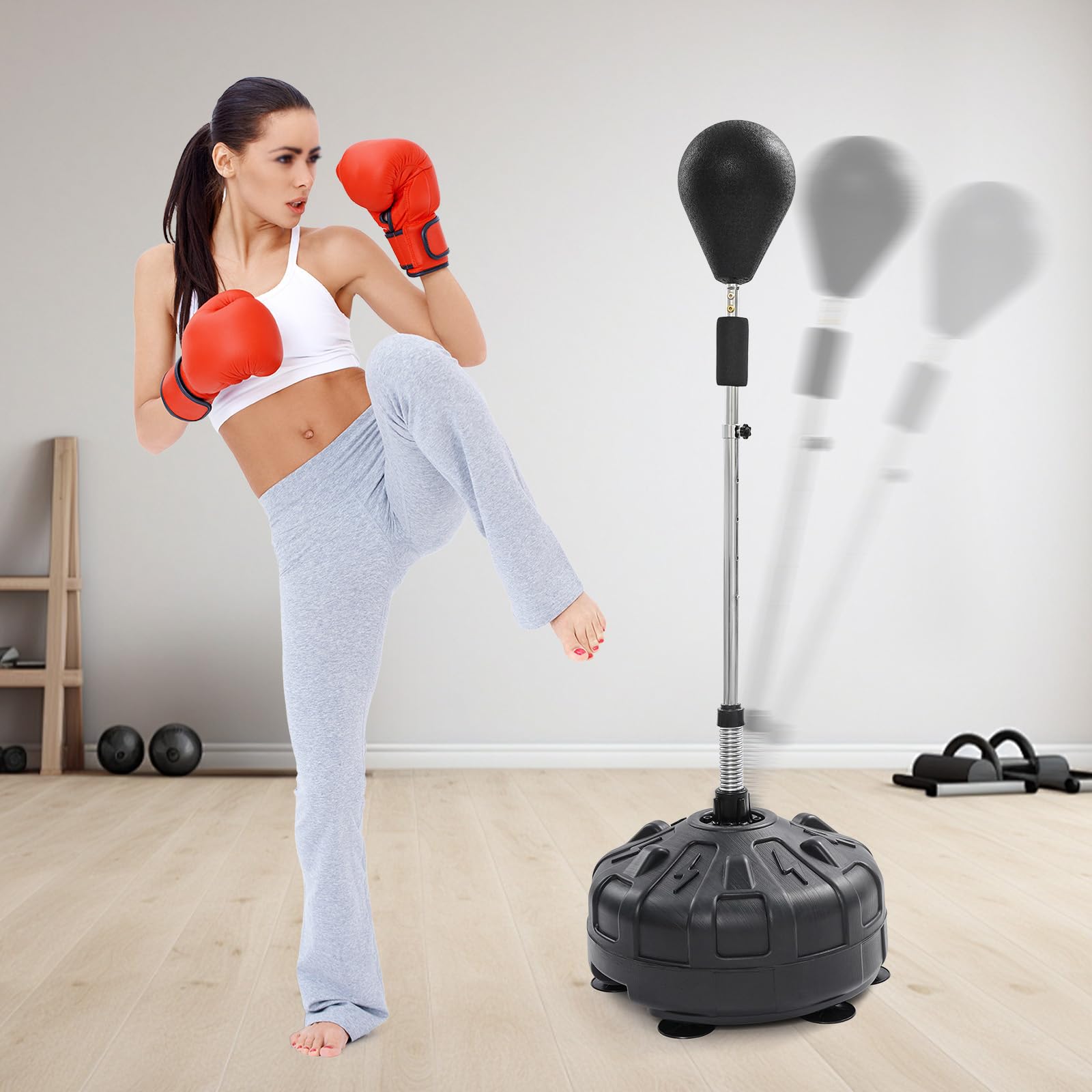 Sacco da boxe in piedi, con supporto, regolabile in altezza 120-160 cm, rimbalzo a 90°, 6 ventose, boxe sport, per professionisti, adolescenti e principianti