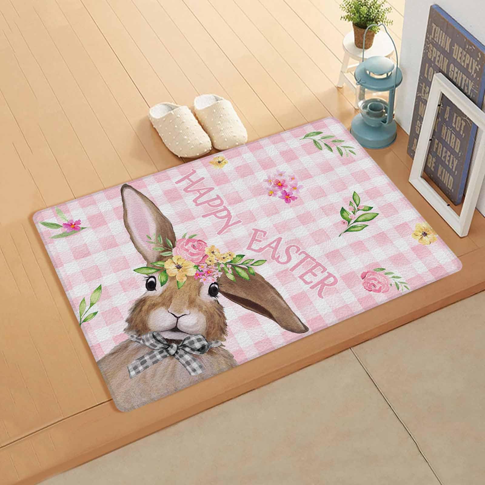 Easter Bunny Kitchen Bath Door Mat Cushioned Runner Rug,Washable Welcome Floor Sink Antifatigue Mat,Waterproof & Non-Slip Comfort Standing Doormat,Spring Summer Flower Lattice Pink Holiday 18