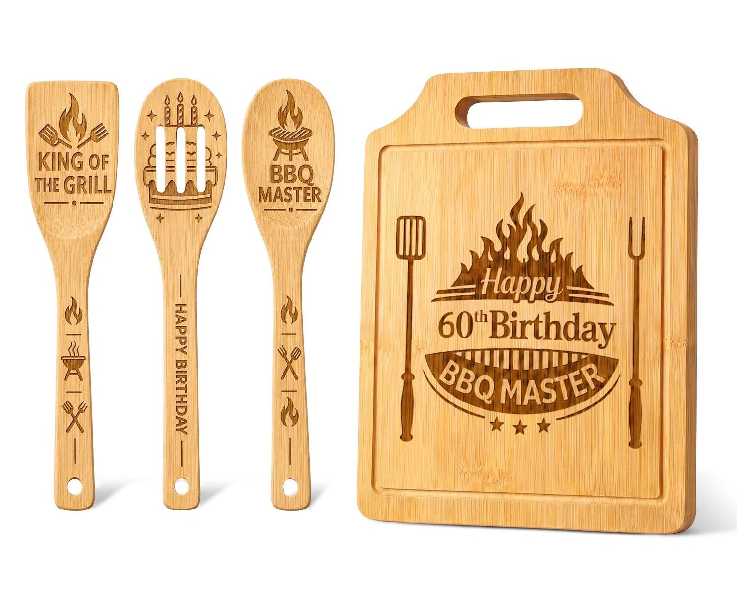 60th Birthday Gifts for Men - Creative Bamboo Chopping Board and Wooden Utensil Set, 60 Year Old Birthday Gifts, Unique Kitchen Presents for Dad, Husband, Brother, Uncle, Friend, Happy 60th Gift Ideas
