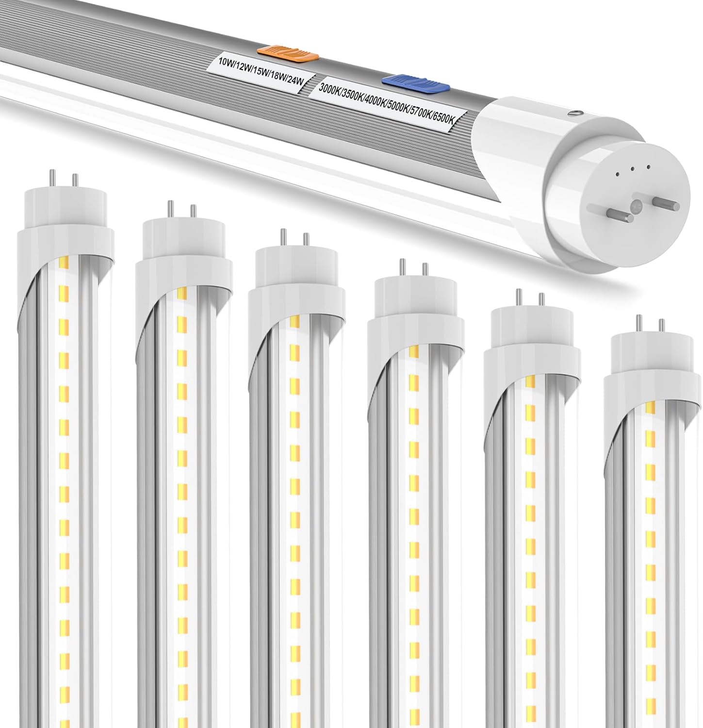 T8 T12 LED Bulbs 4 Foot, 4FT Tube Lights Type A+B Bulbs, 6CCT 3000K-6500K/5 Power(10W-24W) Selectable, T8/T12 4ft Fluorescent Tube Replacement, Plug and Play or Ballast Bypass, ETL DLC(6 Pack Clear)