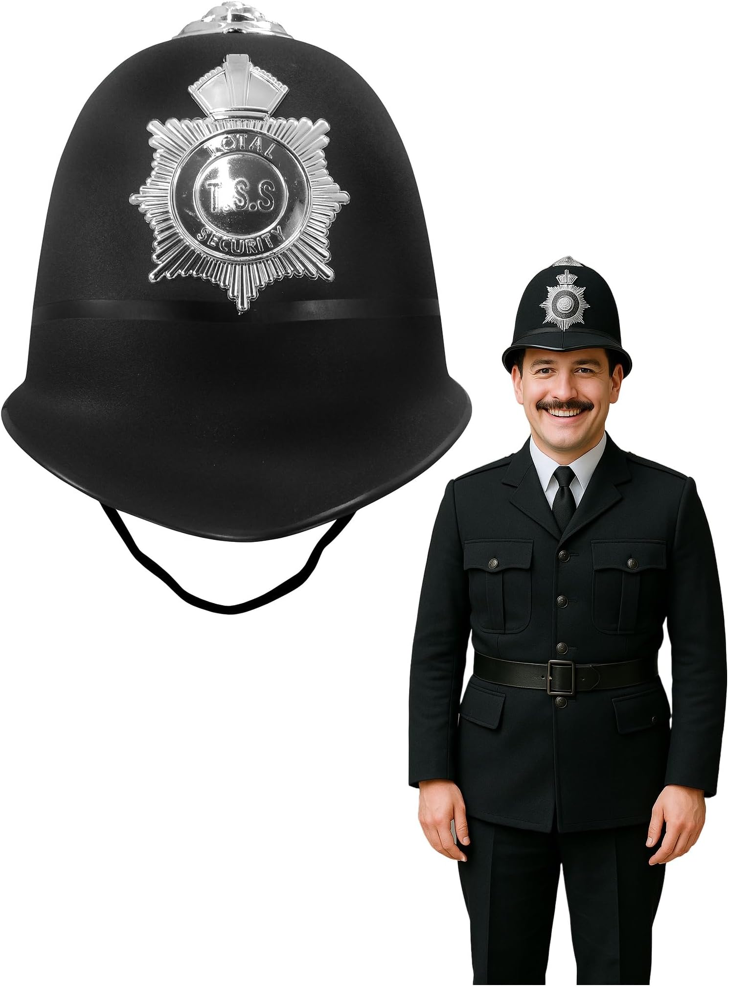 Adult Black English Bobby Police Helmet - British Policeman Badge Hat - Halloween Replica Costume Accessory, Black, One Size
