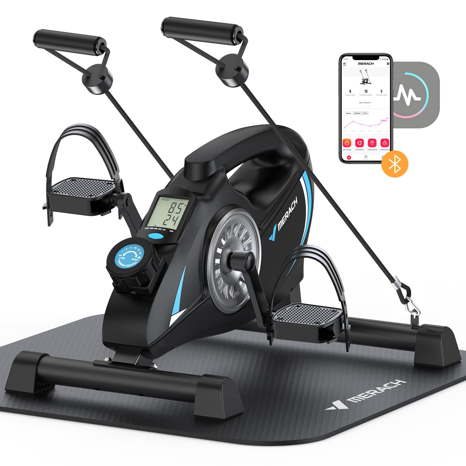 MERACH Under Desk Exercise Bike Stationary Bike, Quiet Magnetic Cycling Cardio Equipment with App for Arm, Leg Recovery, Spin Bike Cycle with 2 Resistance Band & Non-Slip Exercise&Fitness Equipment black