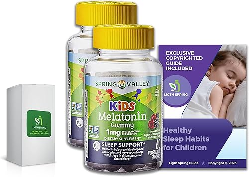 Gomitas vegetarianas de melatonina para niños, apoyo para dormir, paquete de 60 (2 unidades) con hábitos exclusivos de sueño saludable para niños,