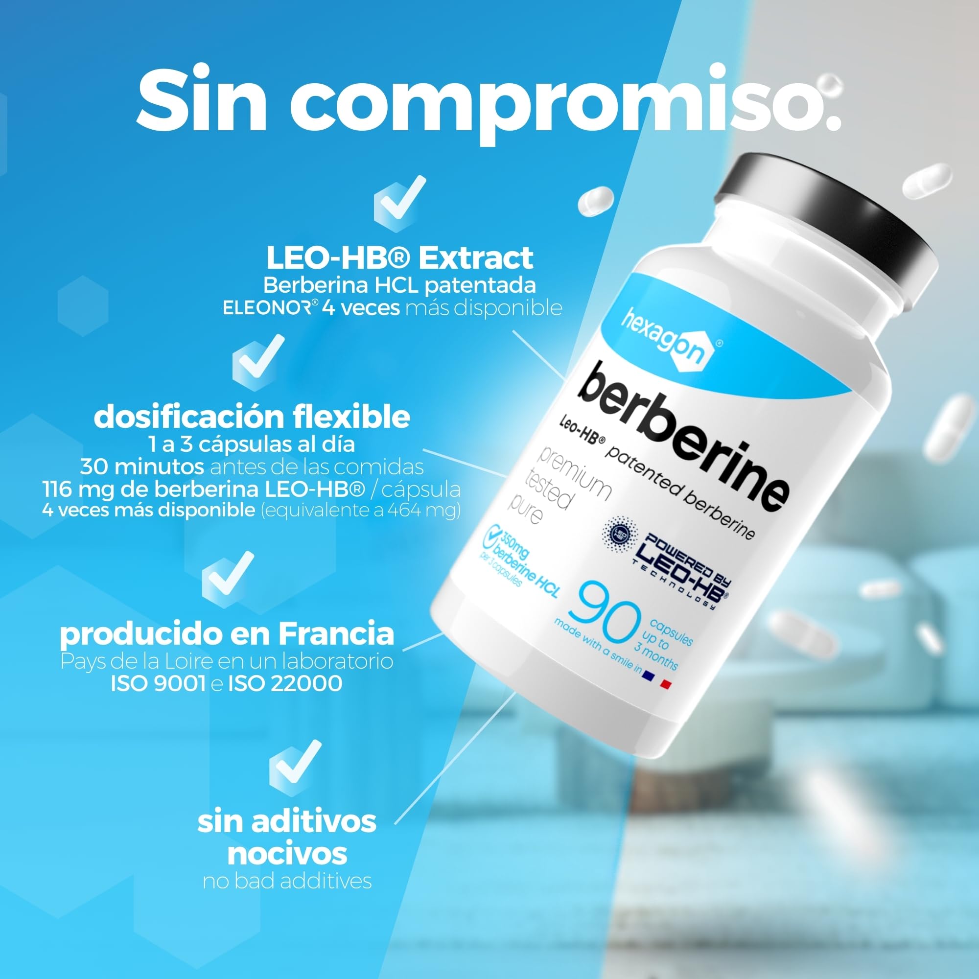 BERBERINA - Patente LEO-HB®, 4x Disponibilidad Superior - Hasta +3 Meses de Curación - Berberina HCL de Berberis Aristata - Apoyo Metabólico - Made in France - 90 Cápsulas - Hexagon