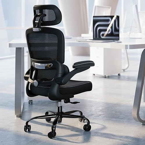 TRALT Ergonomic Office Chair - Desk Chair with Adjustable Headrest Lumbar Support Computer Chair - Mesh Comfy Chair with Flip-up Armrests - Gaming Chairs for Adults Home Office (Leather, Black) - Black