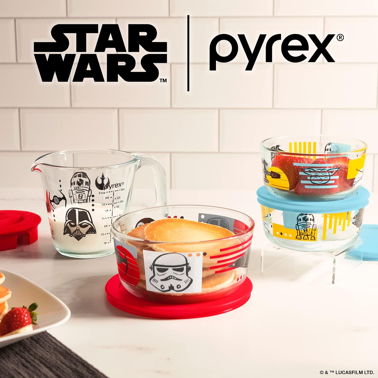 Pyrex 8-Pc Glass Food Storage Container Set with Measuring Cup, 2-Cup & 4-Cup Decorated Round Meal Prep Containers, 2-Cup Measuring Cup, Non-Toxic, BPA-Free Lids, Disney's Star Wars