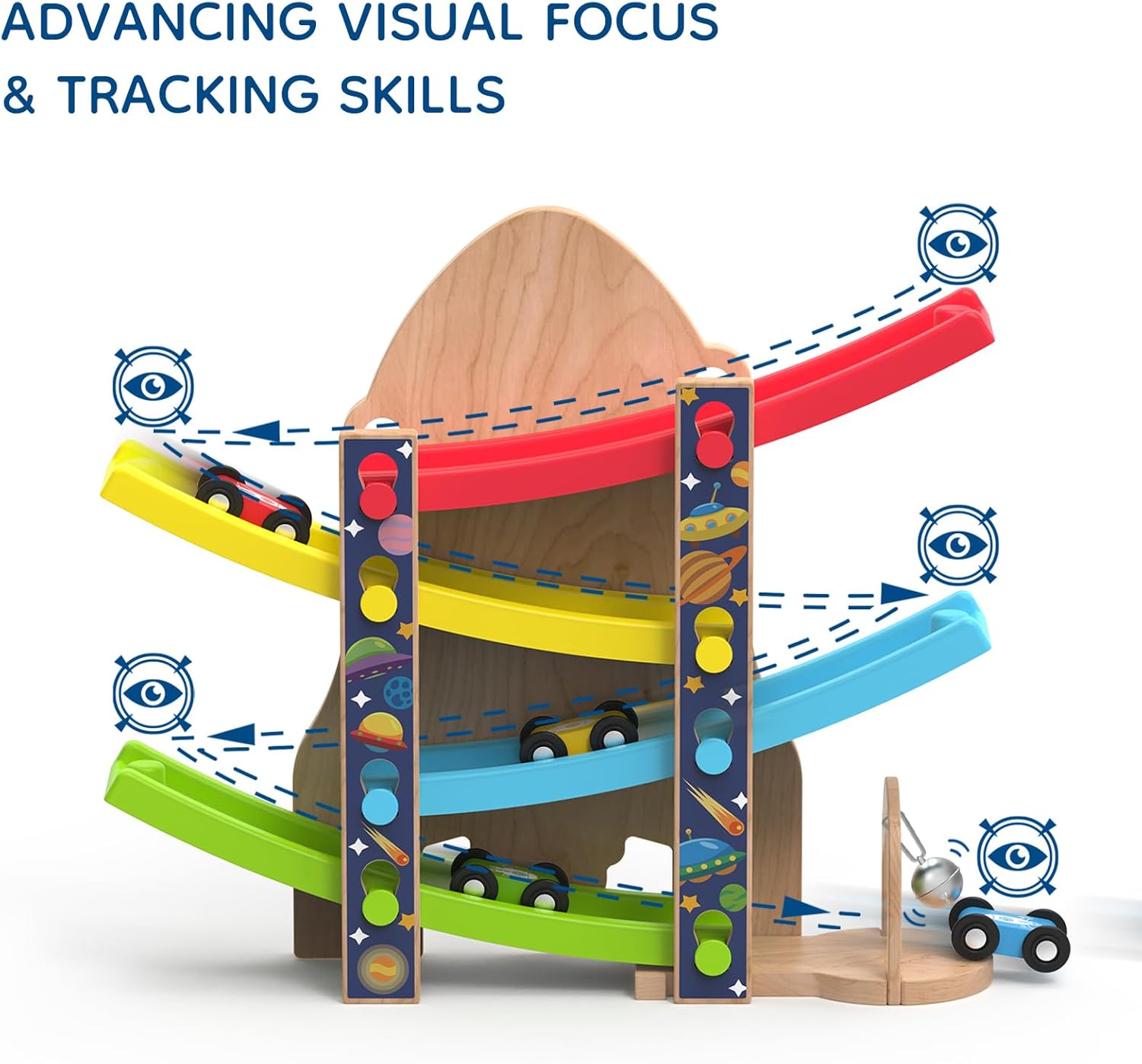 Wooden Race Track Car Ramp Racer Toy for Toddlers, Rocket Car Ramp Toy Vehicle Playsets with 4 Mini Cars - Fine Motor Skills Toddler Toys for 2 3 Year Old Boy and Girl Birthday Gifts