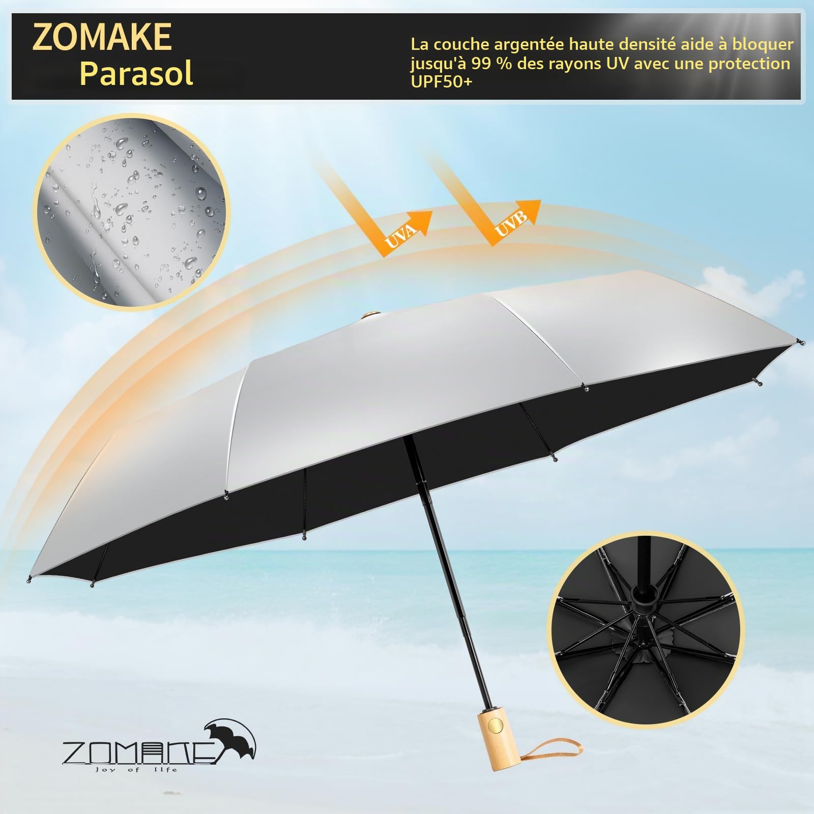 ZOMAKE Grand Parapluie Pliant Anti UV,Parapluies Compact Solide Anti TempêTe,Ombrelle Soleil Automatique Avec Poignée en Bois pour Homme Femme