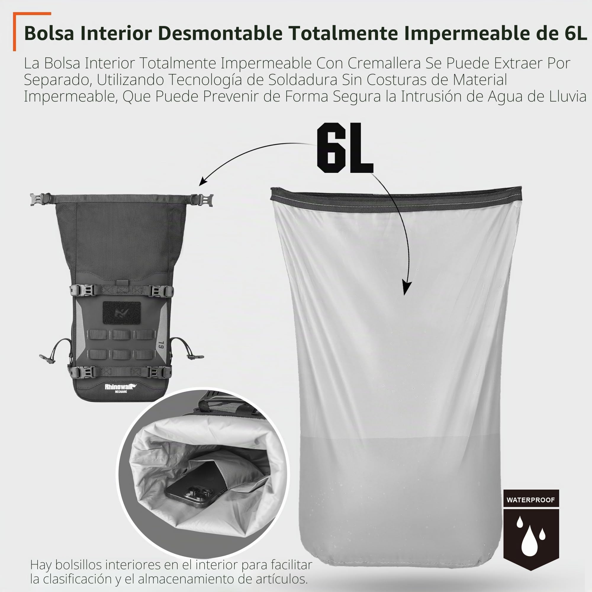 Rhinowalk Bolsa para parachoques delantero de motocicleta, bolsa trasera para motocicleta, 6 L, impermeable, con sistema Molle, accesorios profesionales de motor, color negro