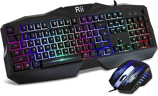 Rii Gaming Keyboard and Mouse Combo,LED Rainbow Backlit USB Wired Computer Keyboard 104 Key,Spill-Resistant Design,Ergonomic Wrist Rest Keyboard Mouse Set for Windows PC Gamer. Black