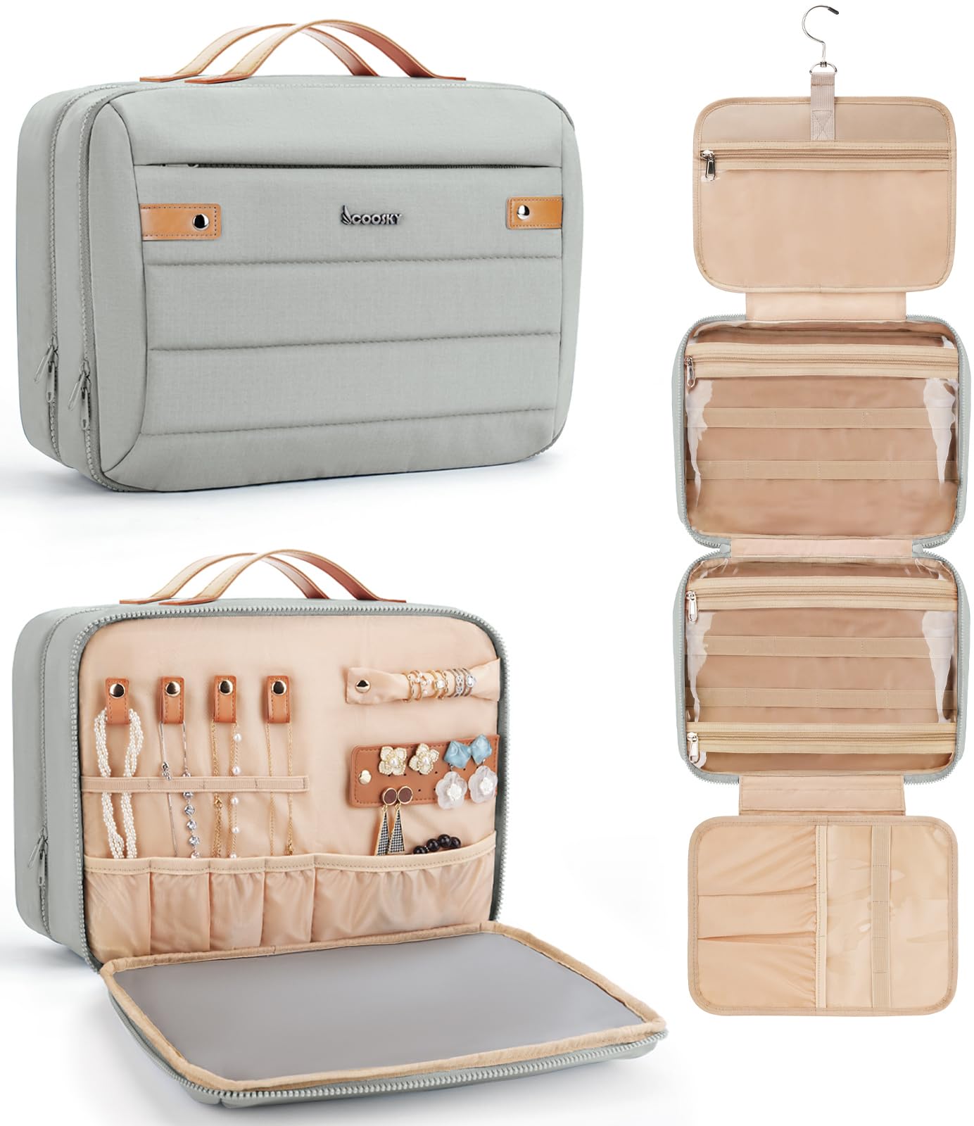 COOSKY Women's Hanging Toiletry Bag, Waterproof Travel Cosmetic Organizer with Jewelry Storage, Large Capacity Makeup Case for Full-Size Skincare &