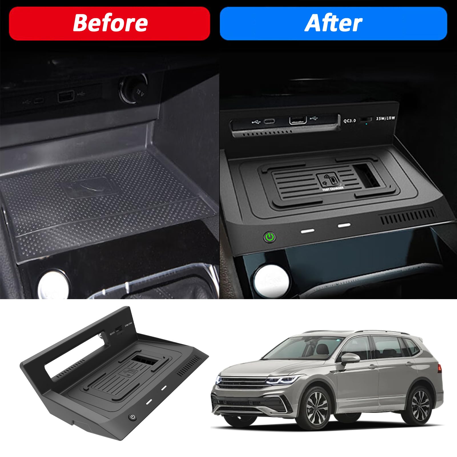 Cargador Inalámbrico Coche para Volkswagen Tiguan eHybrid 2022 2023,15W Qi Carga Rápida Auto Teléfono Cargador,Cargadores De Móvil por Inducción,Consola Central Cargador Accesorios
