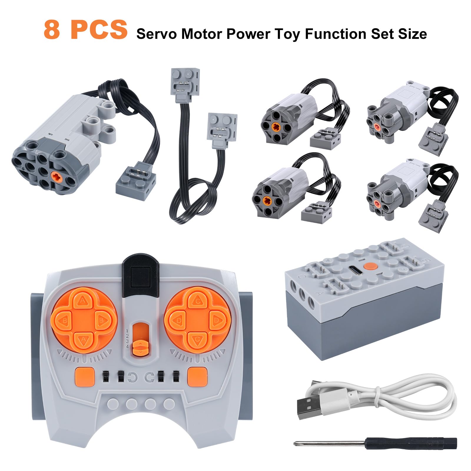 8 pièces de moteurs électriques Kit,Power Functions Kit pour Jouets avec Servomoteur, Télécommande 2,4 GHz, Boîtier de Piles, Moteurs M/L, Câble d’Extension