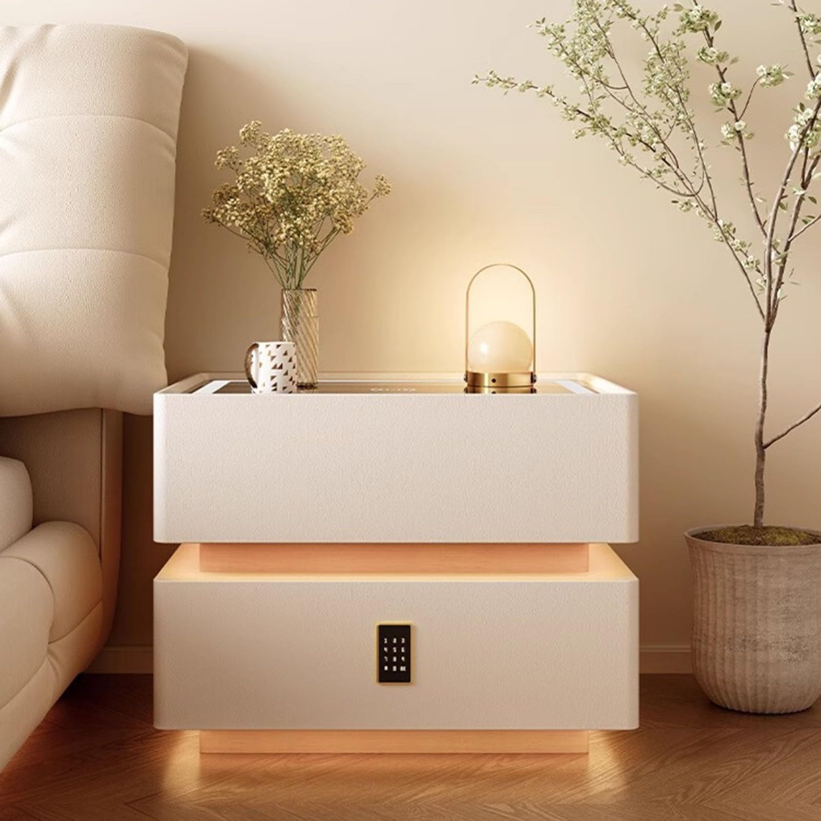 Stolik nocny z bezprzewodowym ładowaniem USB, lampa dotykowa, głośnik Bluetooth, blokada hasła, konstrukcja z litego drewna, konstrukcja zapobiegająca przewróceniu się do sypialni