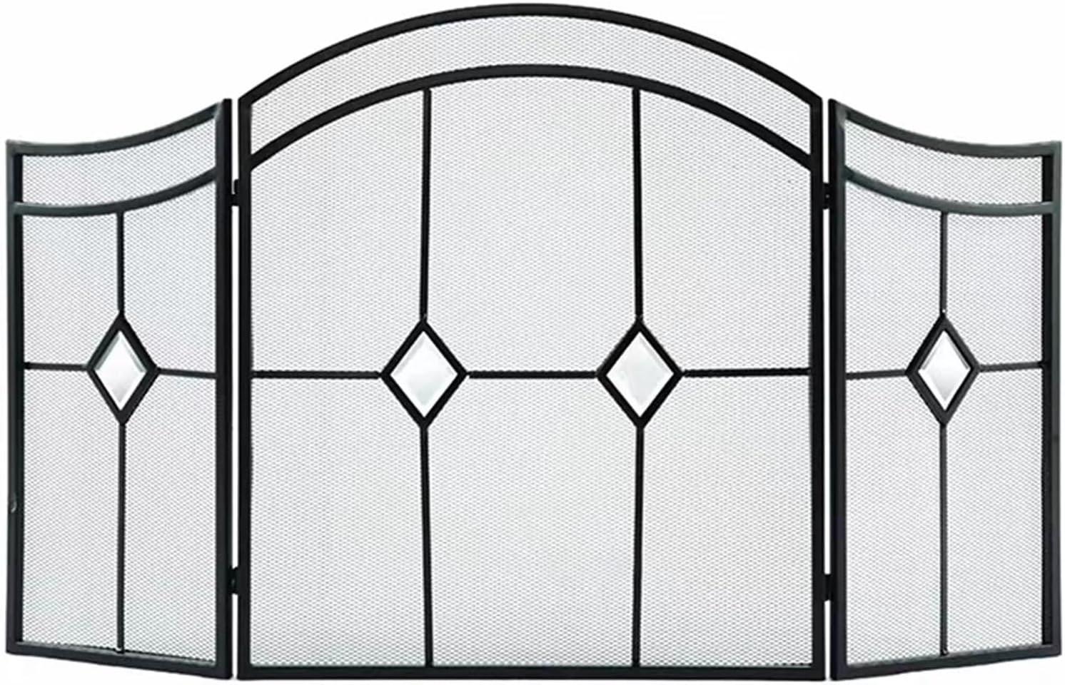 JKGHK 3-Panel Fireplace Screens Arched Diamond, Foldable Fire Spark Guard Cover with Metal Decorative Mesh, Heavy Duty Spark Guard for Home Decor Indoor, Black