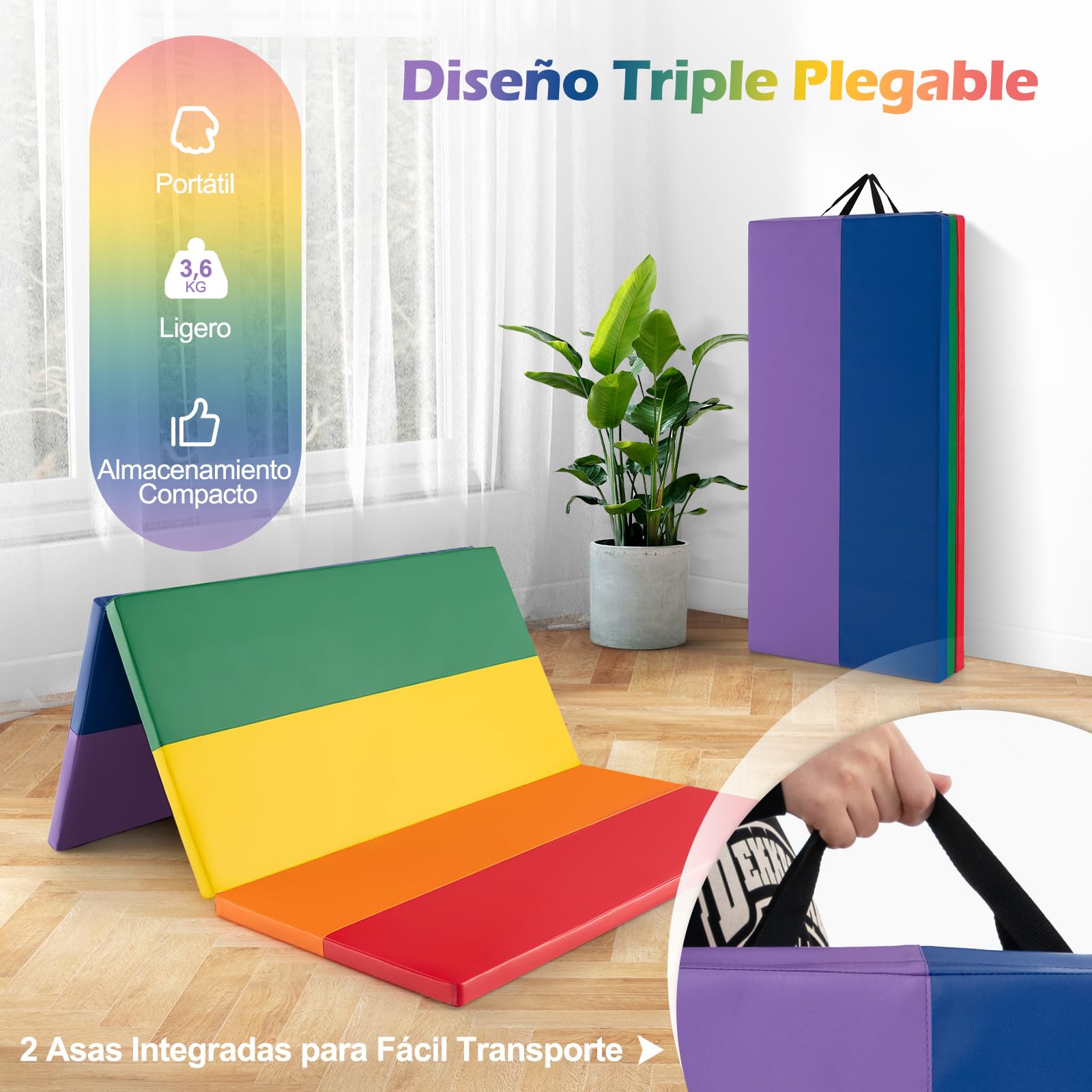 COSTWAY Colchoneta de Gimnasia Plegable de 200 x 75 x 3 cm, Esterilla de Gimnasia lmpermeable de 5 Paneles de PU, Estera de Ejercicio con Asas de Transporte para Gimnasio y Casa