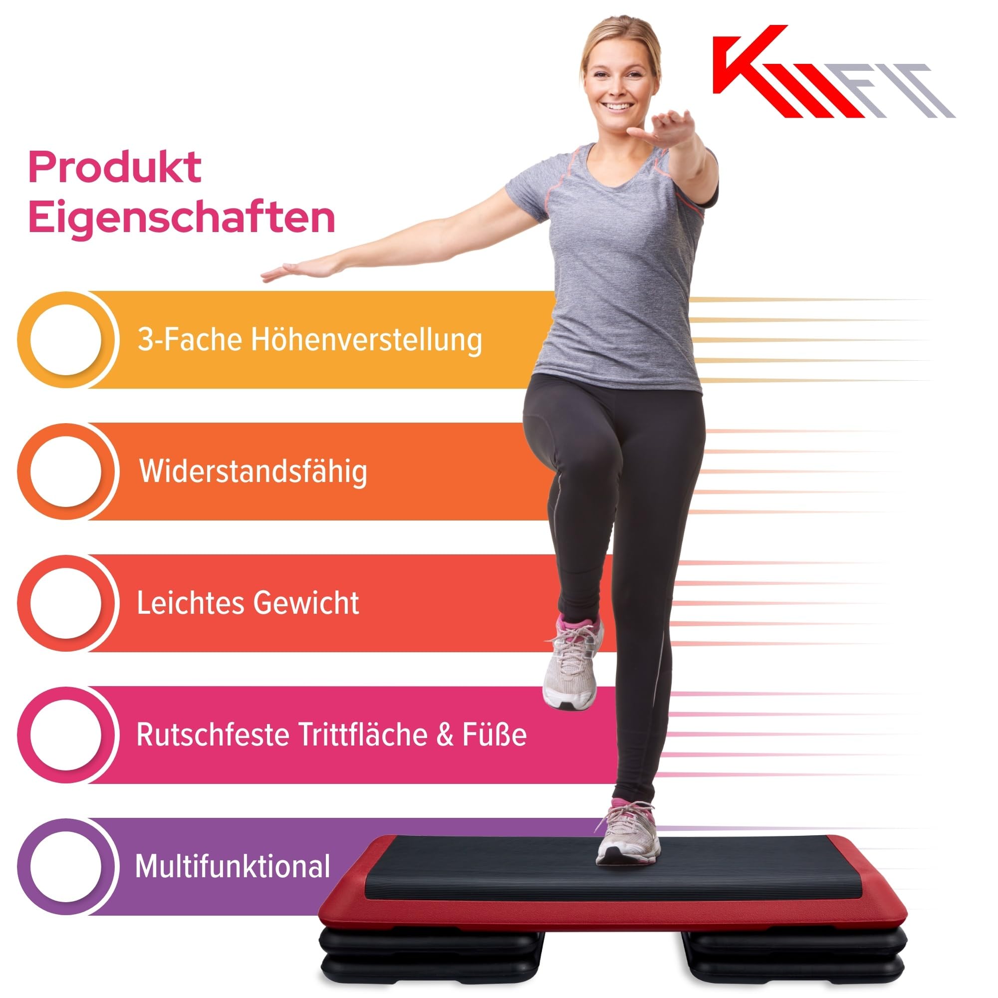 KM-Fit Fitness Stepper | Steppbrett Aerobic Stepper für zuhause | Step-Bench 3-fach höhenverstellbar | Belastbarkeit bis 200 kg | Home-Stepper | 108 × 41 × 10/15/20 cm | Aerobic Steppbank