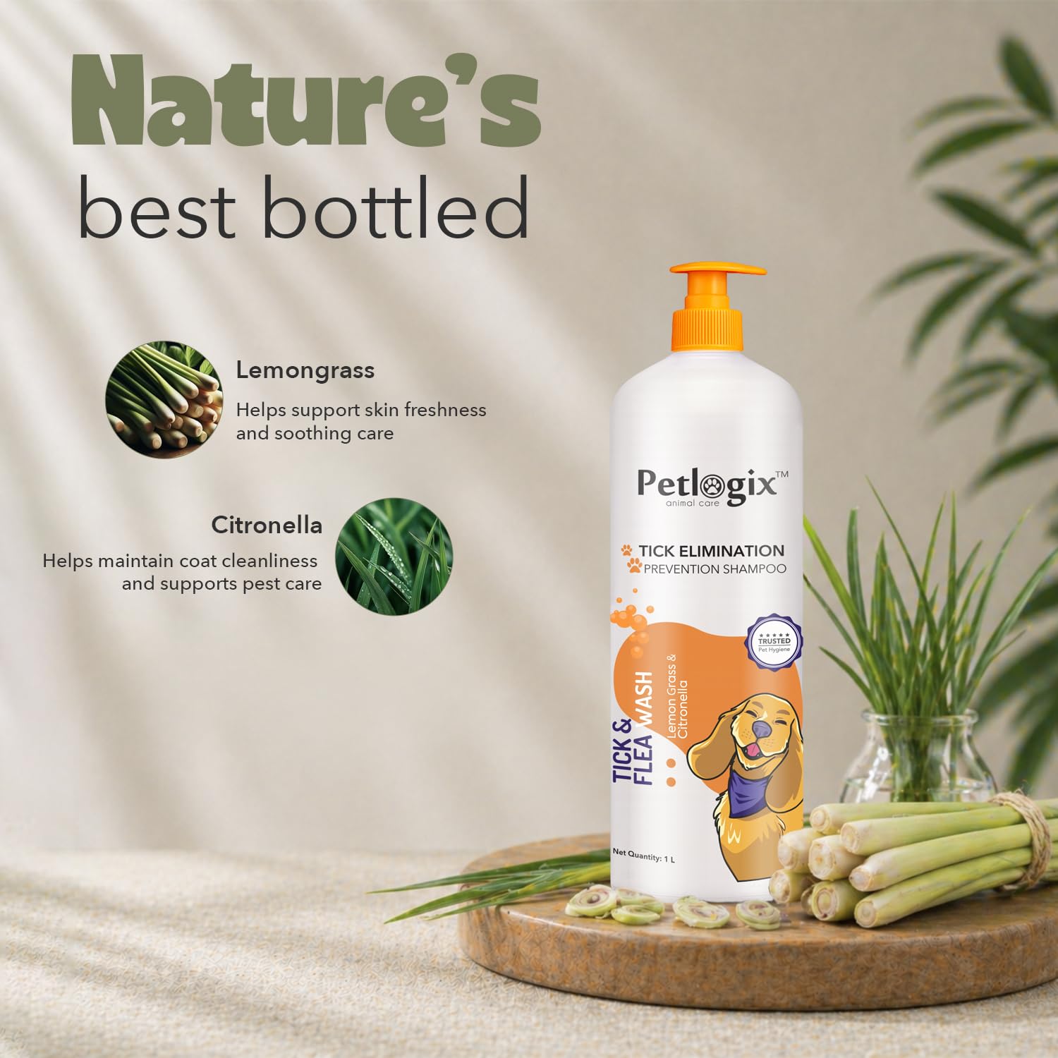 Petlogix Tick & Flea Dog Shampoo with Citronella & Lemongrass, Anti Itch Coat Cleanser for Dogs & Cats, Soothes Skin & Reduces Itching, SLS & Paraben Free (1 Litre) 1