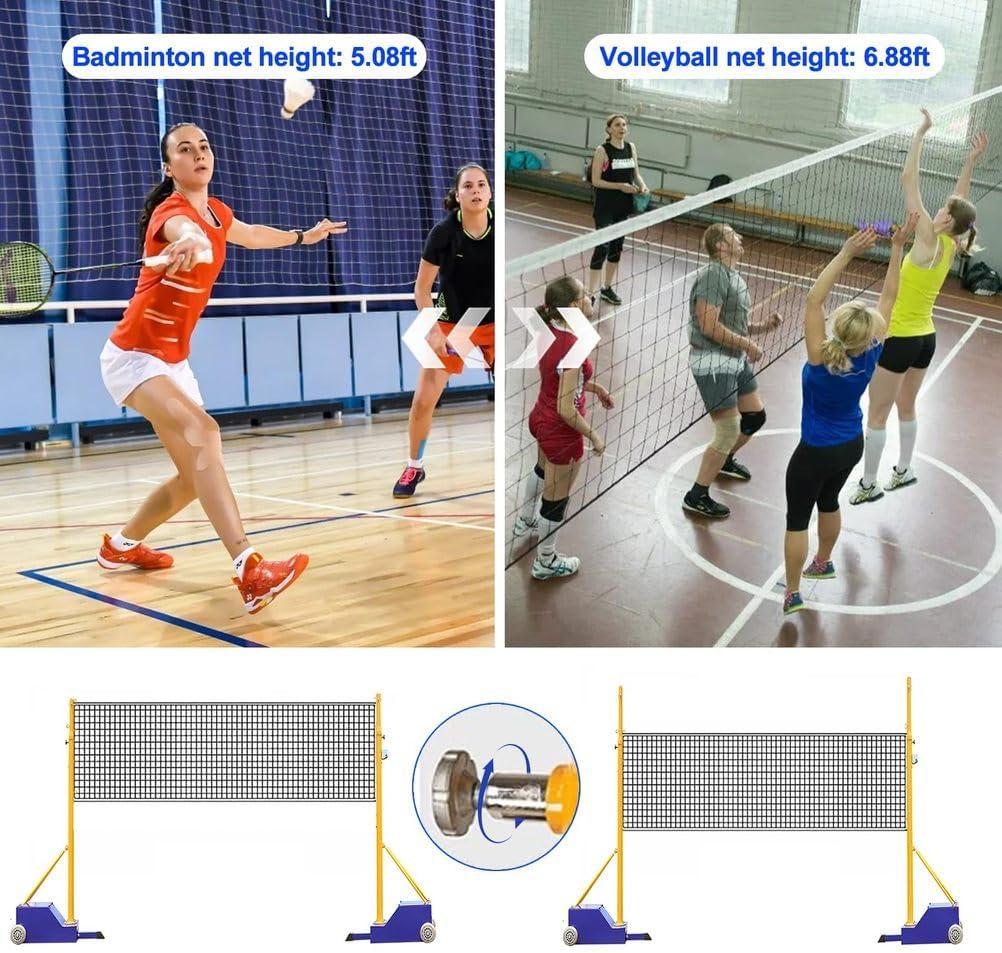 Volleyball/Badminton Net Poles for Backyard, Adjustable Height Indoors Volleyball Net Set with Wheels,Portable Outdoor Heavy Duty Badminton Poles for Adult Kids School Garden