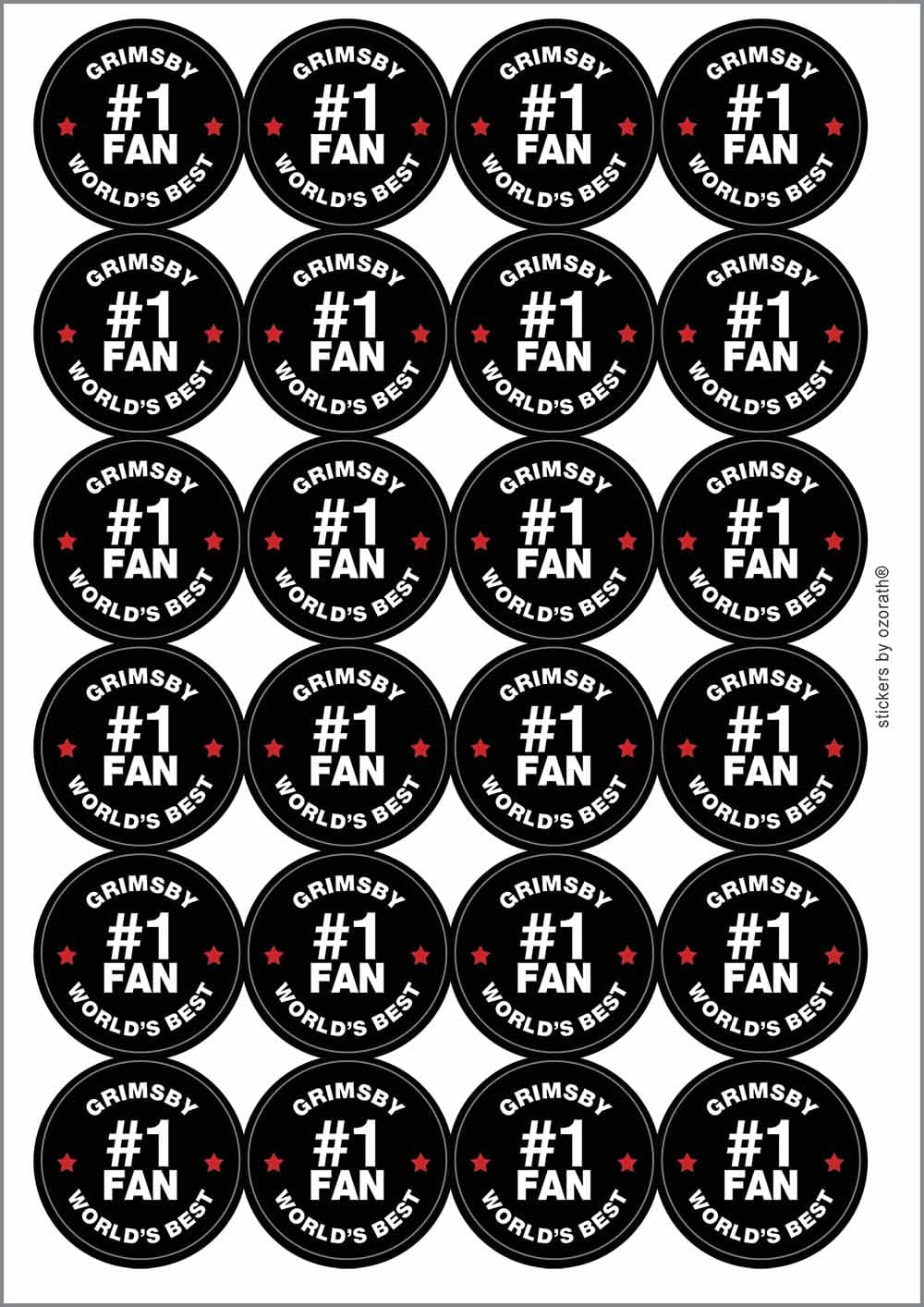 Grimsby #1 Fan Circular Matt Paper Stickers A4 Sheet of 24 (Each Sticker is 45mm Diameter)