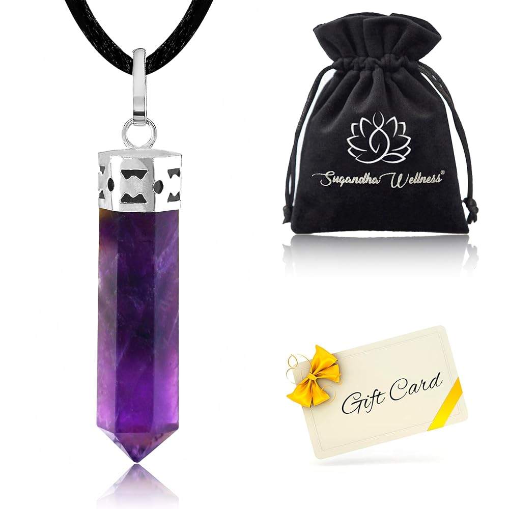 Sugandha Wellness Amethyst Healing Crystal Necklace - Protection, Stress Relief & Luck. Brings Clarity. Calms Mind. Jewelry Gift for Yoga, Meditation & Reiki