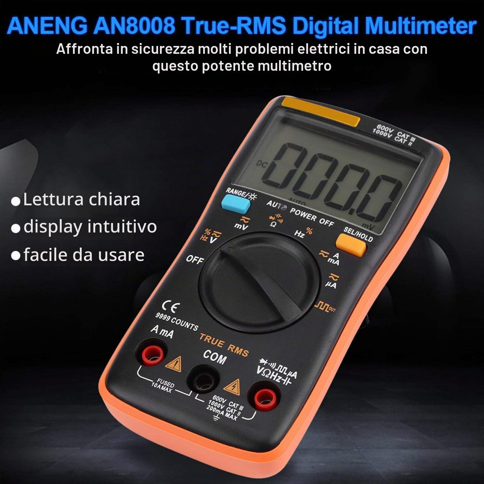 Aneng 9999 Multimetro A Gamma Automatica, Multimetro Con Display Digitale | A Vero Valore Rms 9999 Amperometro di Tensione Ac / Dc Tester Elettronico Ohm di Corrente, Con Sonde Multiuso