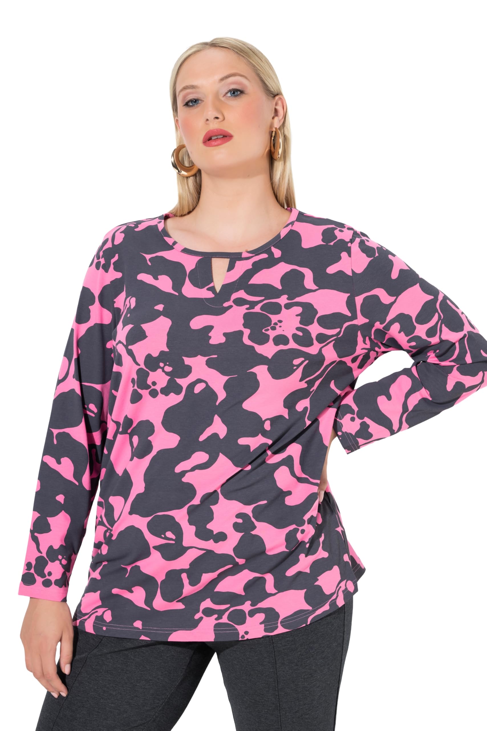 Ulla Popken Damen große Größen Übergrößen Plus Size Shirt, Keyhole, Rundhalssschnitt, Langarm 843973