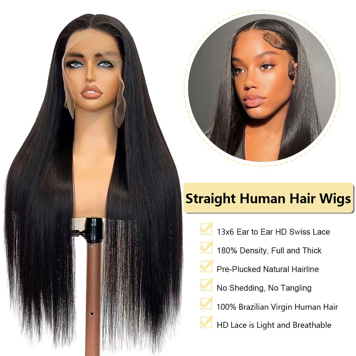 Perruque Femme Naturelle 13x6 HD Lace Front Wigs Human Hair 22 Pouces,180% Density Straight Perruque Cheveux Humain Pre Plucked With Baby Hair Lace Wig Human Hair Natural Color for Black Women
